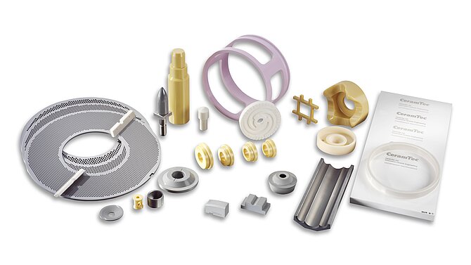 Collage verschiedener Produkte und Lösungen von CeramTec aus dem Bereich Sonderanwendungen