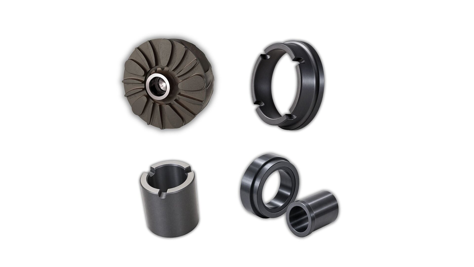 Exemplary CeramTec products for industrial pumps: impeller, shaft sleeve, bearings and bushings, mechanical seal components