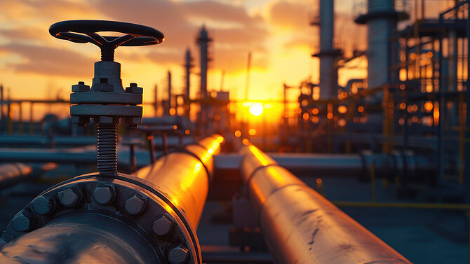View of pipes and valves at a large industrial facility at sunset