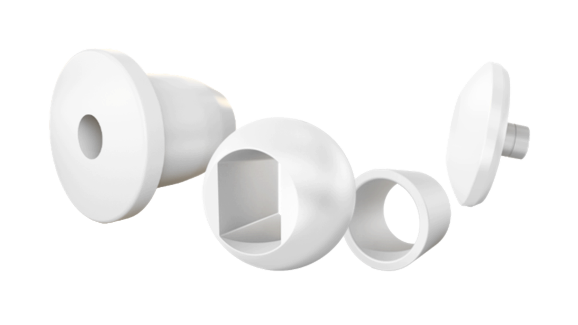 Several white ceramic components are representative of the CeramTec material zirconium oxide HTZ500.