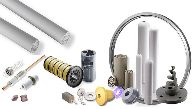 Collage industrieller Produkte und Lösungen von CeramTec auf weißem Hintergrund