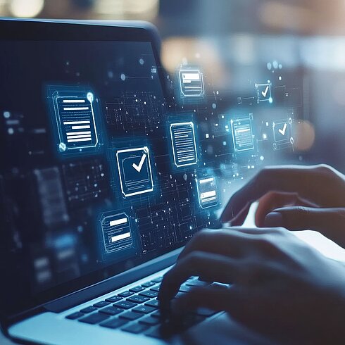 Person interacting with digital documents and touchscreen for remote work and communication