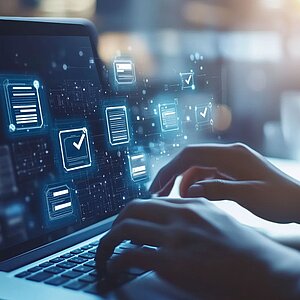 Person interacting with digital documents and touchscreen for remote work and communication