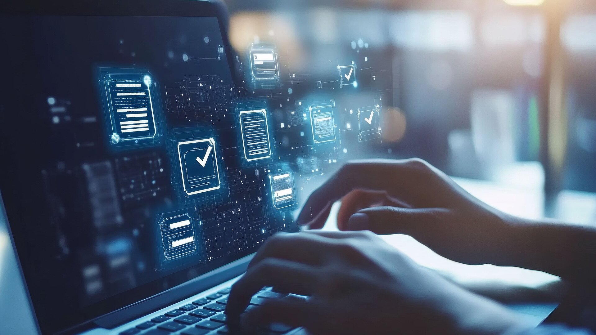 Person interacting with digital documents and touchscreen for remote work and communication