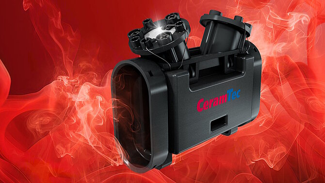 Gas Metering Tool from CeramTec in front of a red hot fire background