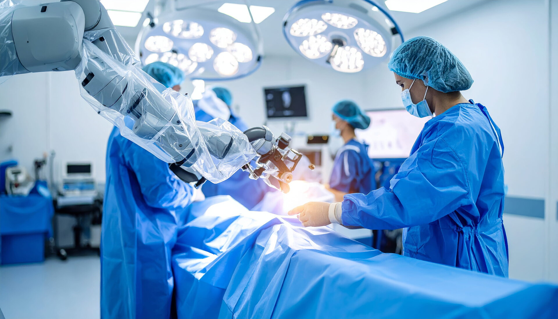 Chirurgen und fortschrittlicher Roboterarm arbeiten gemeinsam an einem heiklen Eingriff in einem modernen Operationssaal