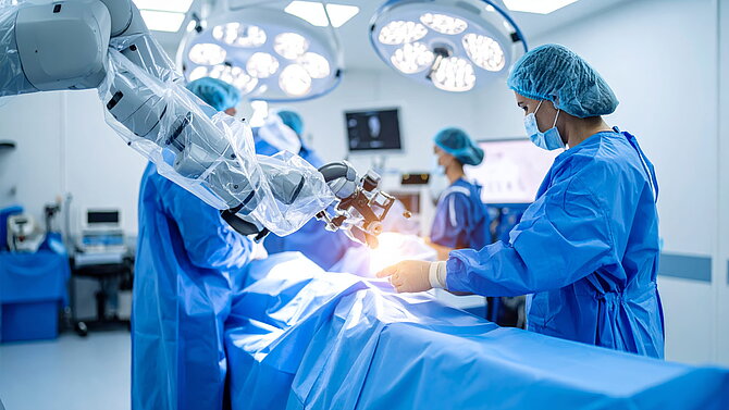 Surgeons and Advanced Robotic Arm Collaborate on a Delicate Procedure in a Modern Operating Room