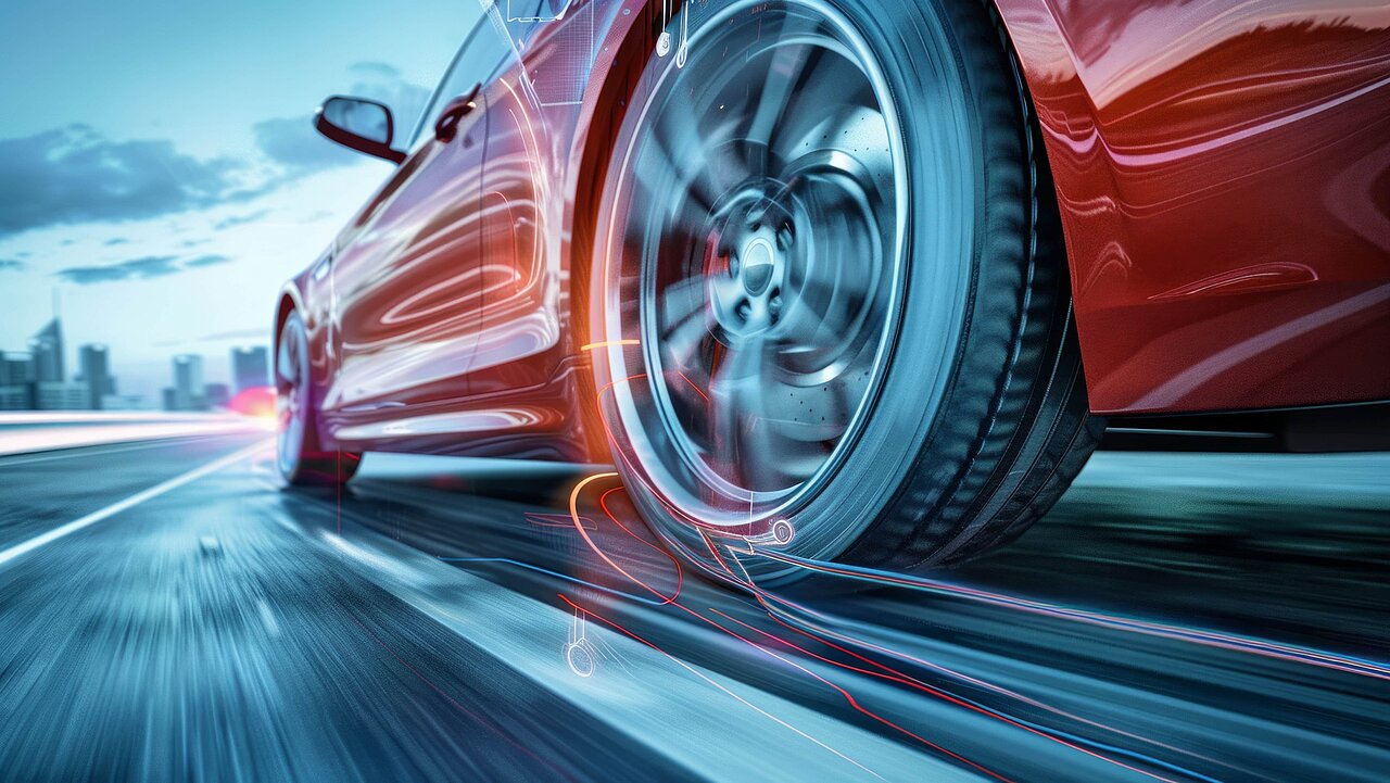 Close-up of a red sports car driving swiftly along the road