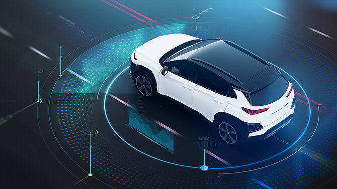 Futuristisches Fahrzeugmotiv aus der Vogelperspektive, dass Sensoren symbolisiert