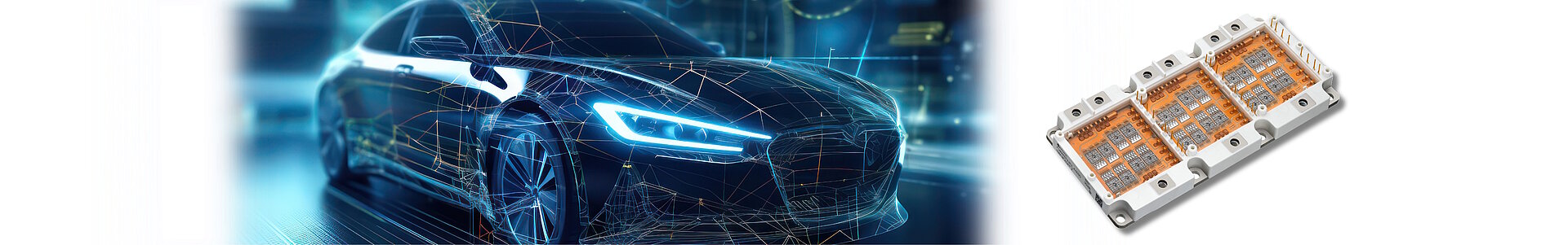 Breiter Banner mit einem modernen Sportwagen und einem Elektronik-Substrat