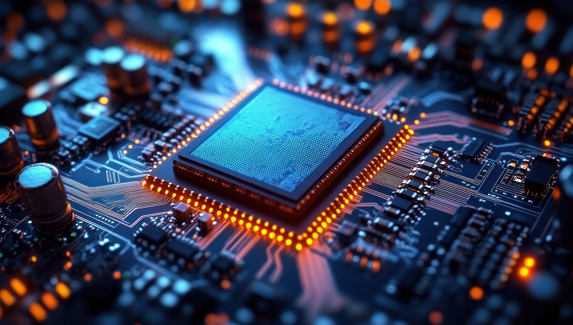 Nahaufnahme eines leuchtenden Computer-Mikrochips auf einer Leiterplatte, umgeben von elektronischen Bauteilen, die blaues und orangefarbenes Licht abstrahlen.