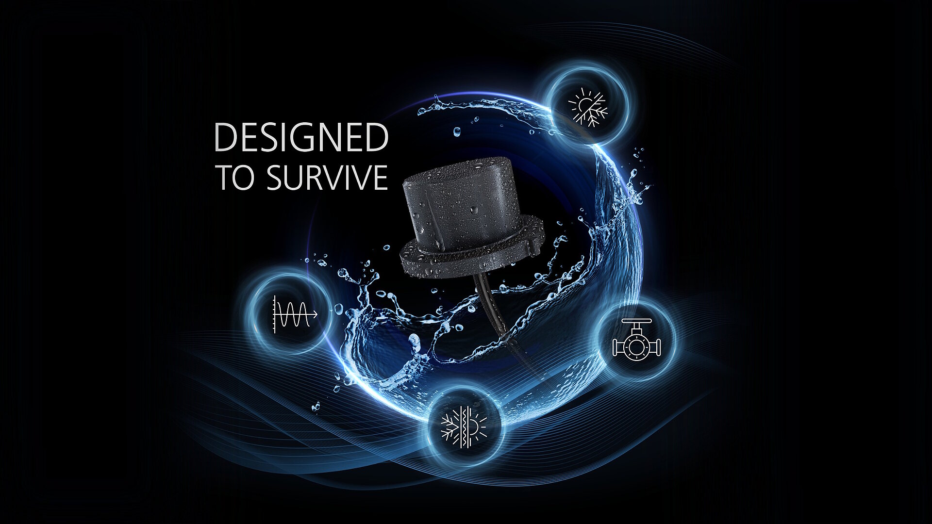 A flow sensor against a black background and outlined with symbols